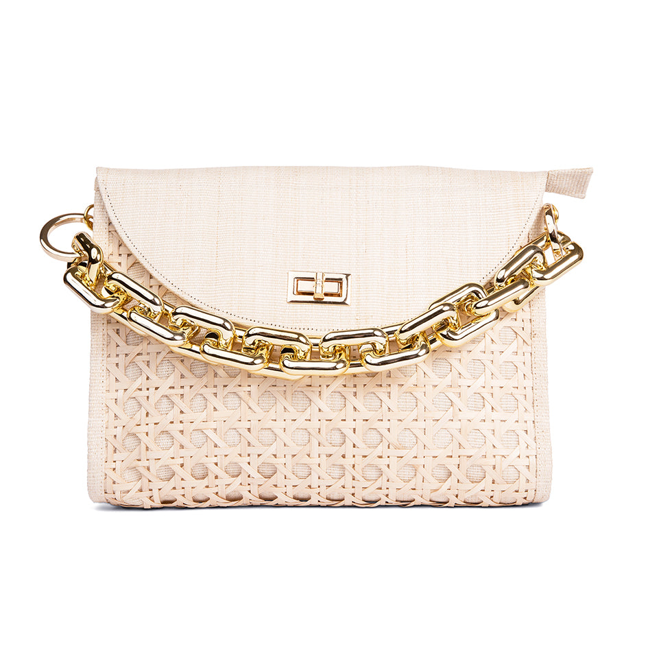 White purse with gold chains