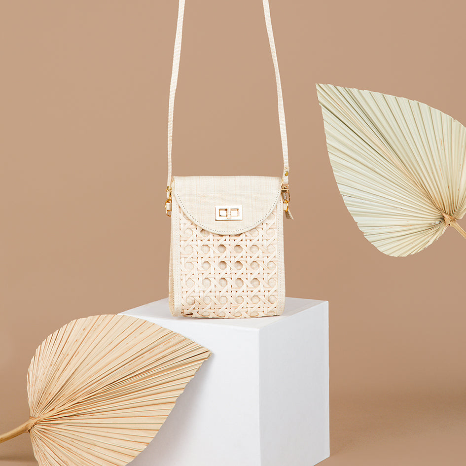 THE ELLIE Cream Rattan Woven Crossbody Bag