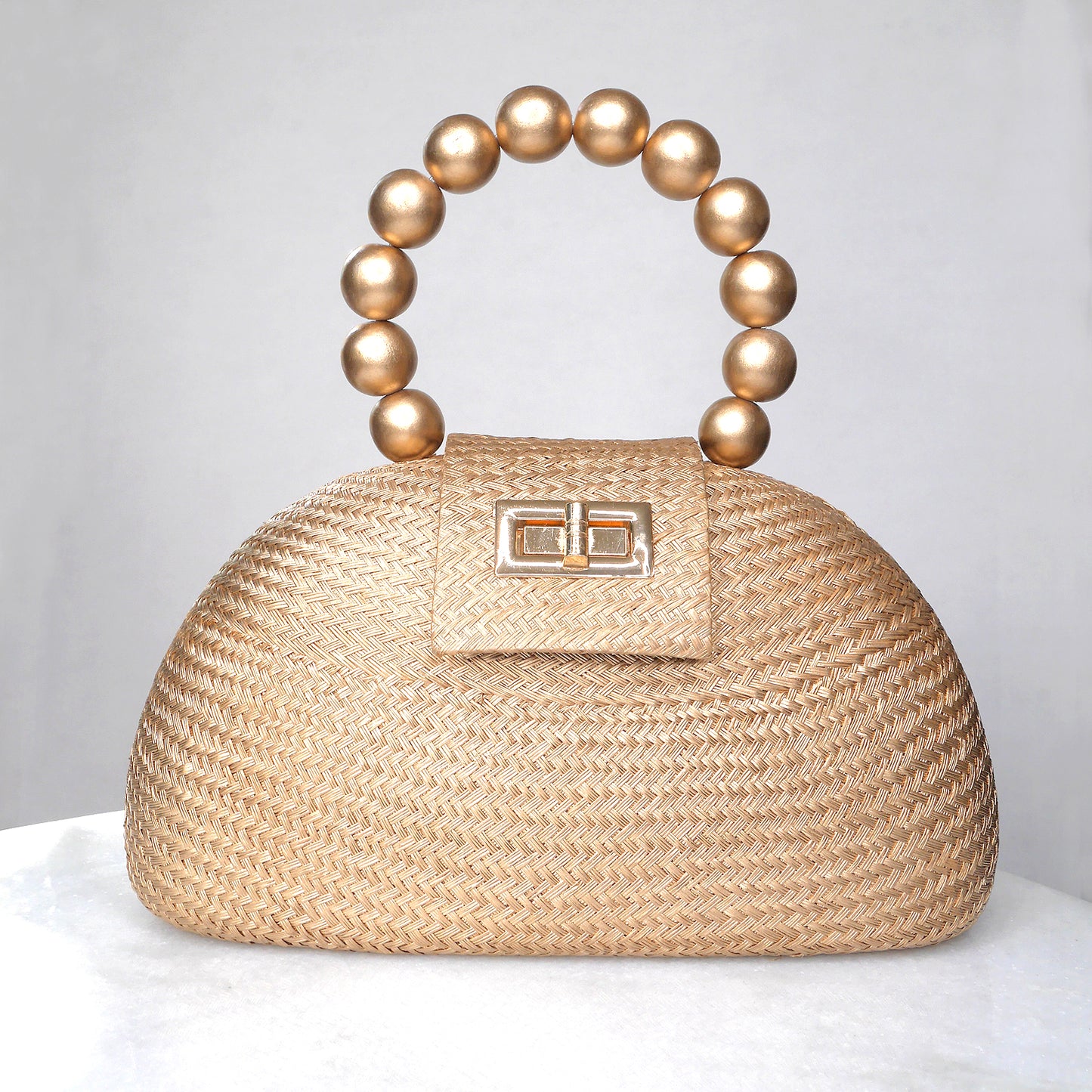 THE ORLA Gold Woven Straw & Wooden Bead Statement Clutch Bag