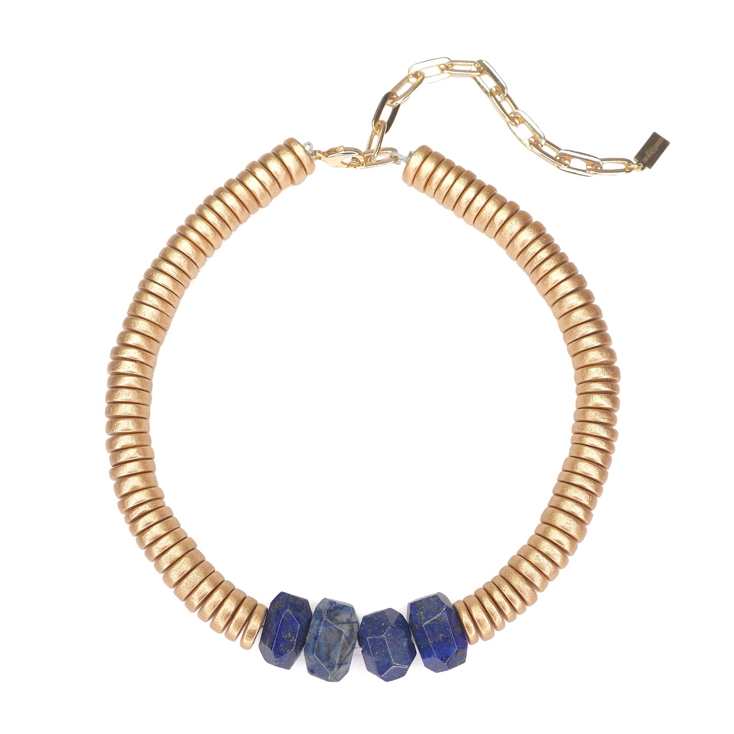 THE LEILA Blue Lapis & Gold Wooden Bead Statement Necklace