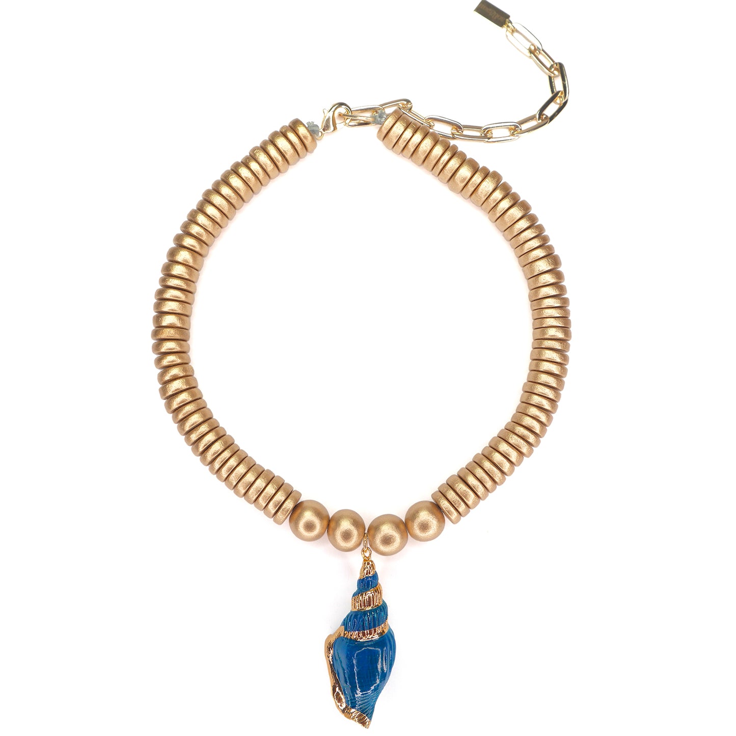 THE CARI Blue Shell Pendant & Gold Wooden Bead Statement Necklace