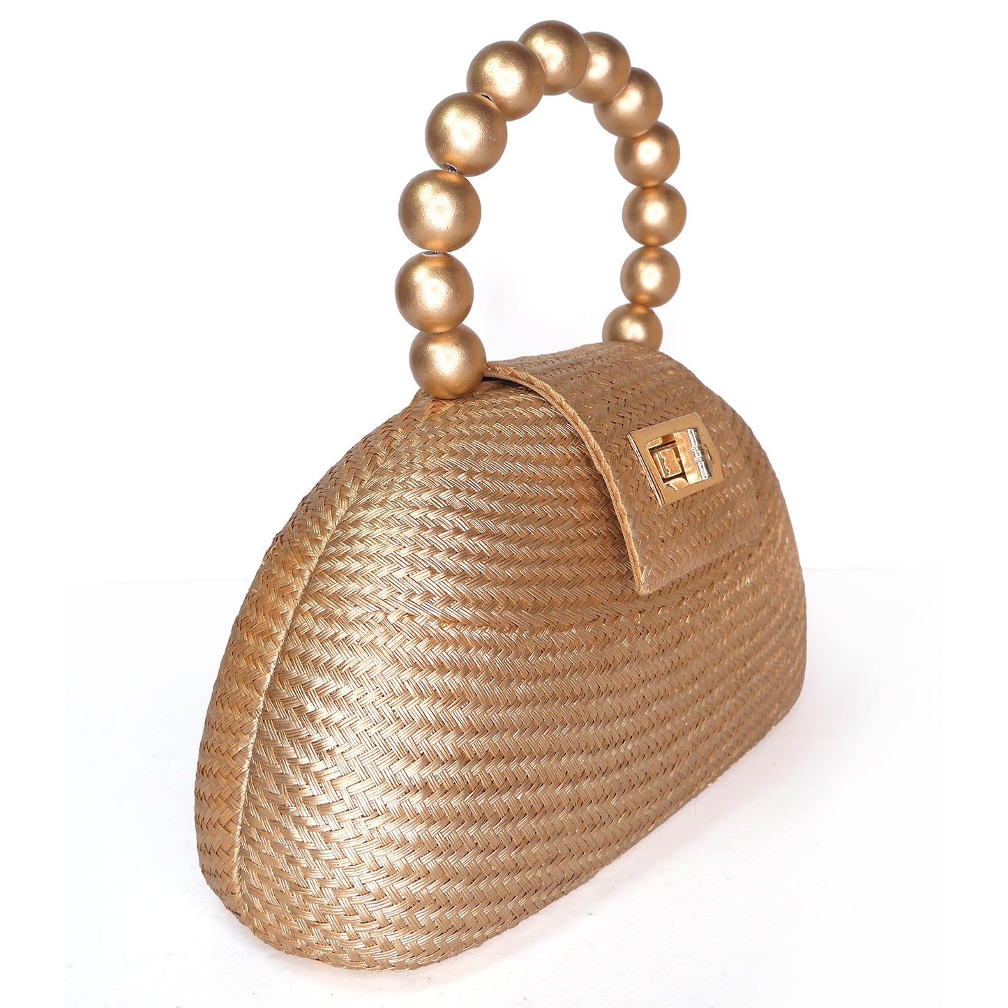 THE ORLA Gold Woven Straw & Wooden Bead Statement Clutch Bag