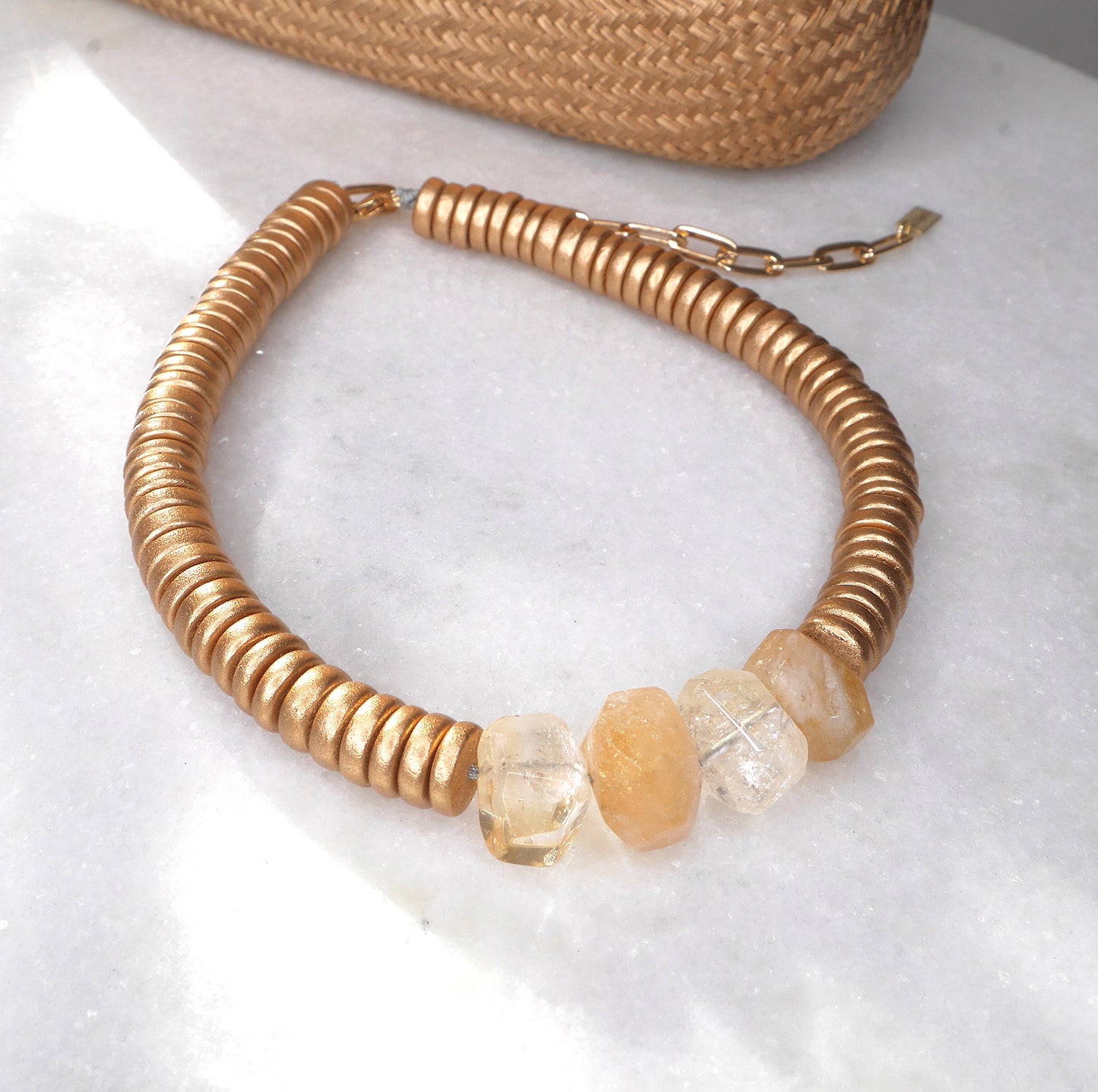 THE LEILA Citrine Quartz & Gold Wooden Bead Statement Necklace