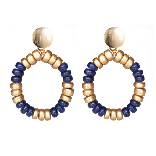 THE HAILEY Navy Blue & Gold Wooden Bead Lightweight Statement Earrings