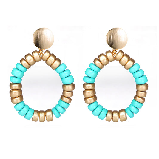 THE HAILEY Turquoise & Gold Wooden Bead Lightweight Statement Earrings