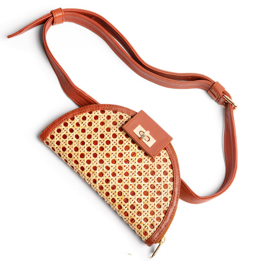 THE HANNAH Tan Leather & Rattan Weave Crossbody & Belt Bag