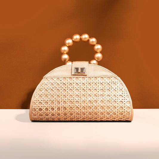 THE ISABELLA Tan Rattan Solihiya Weave and Gold Bead Top Handle Statement Bag